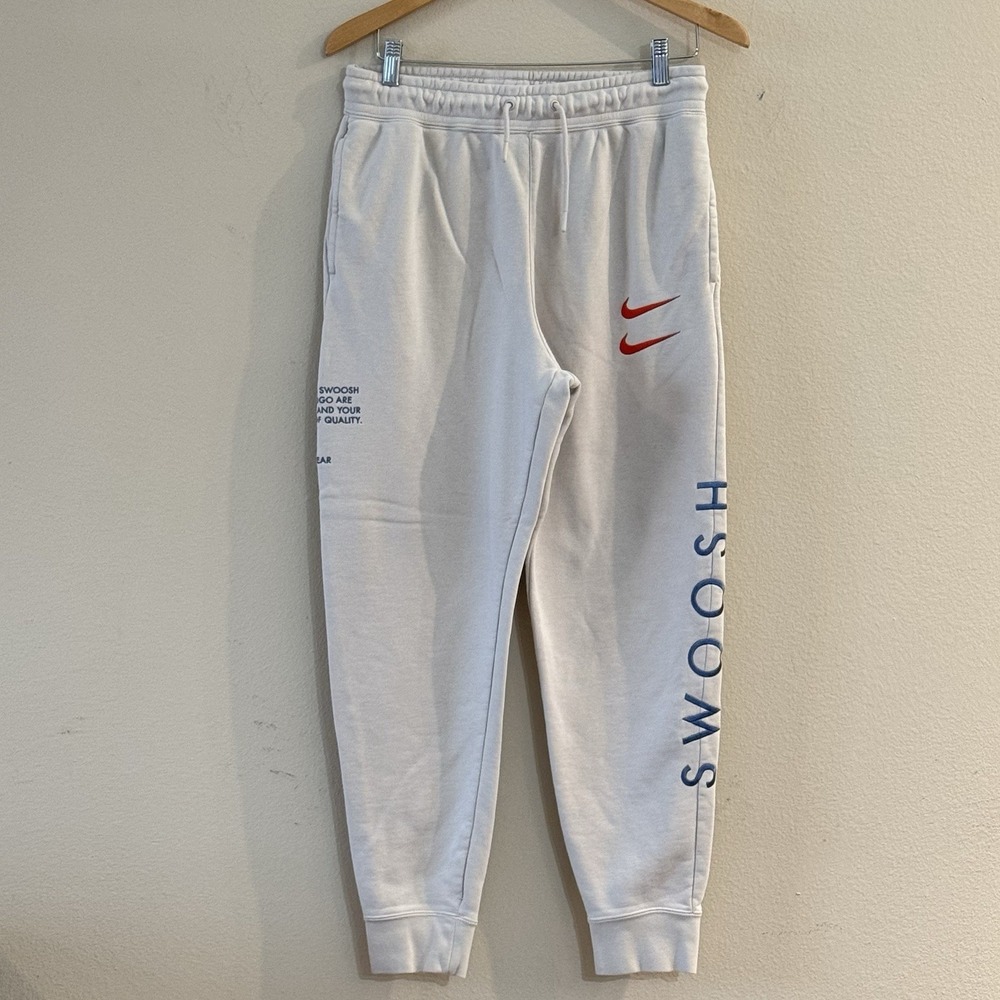 Nike Sportswear Double Swoosh Joggers Mens M Ivory Embroidered Sweatpants CU3915